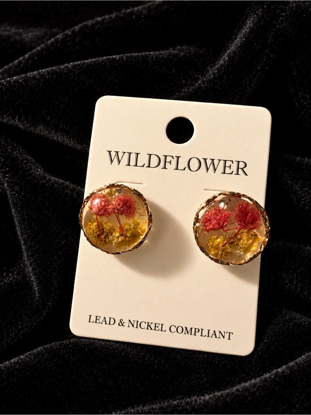 Wildflower Clear Acrylic Post Style Earrings with Flowers Inside and Gold Trim